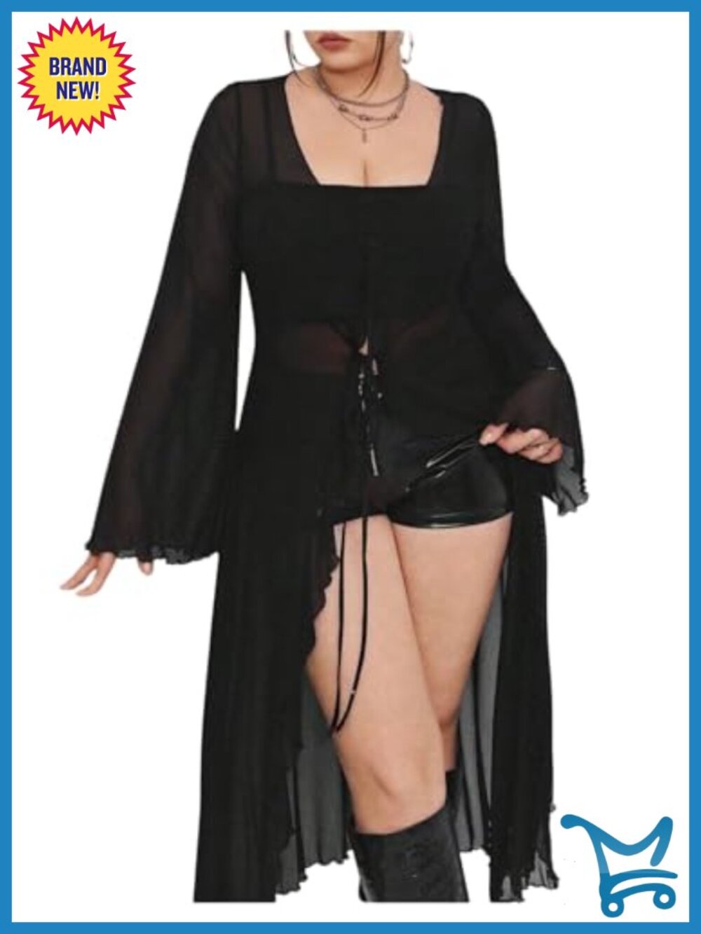 Plus Size Sheer Mesh High Low Tunic Top Bell Sleeve Long Sleeve Blouse